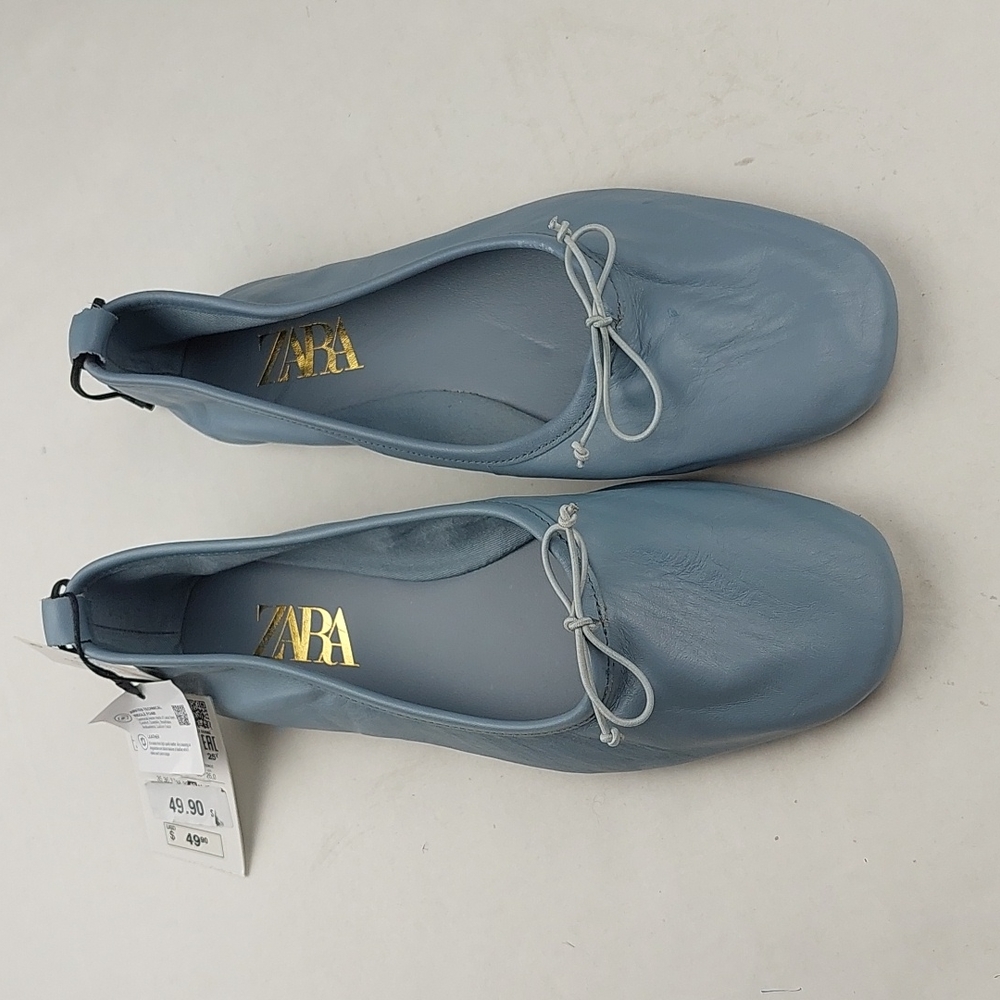 Zara Leather Baby Blue Ballet Flats Size 9 EU40
